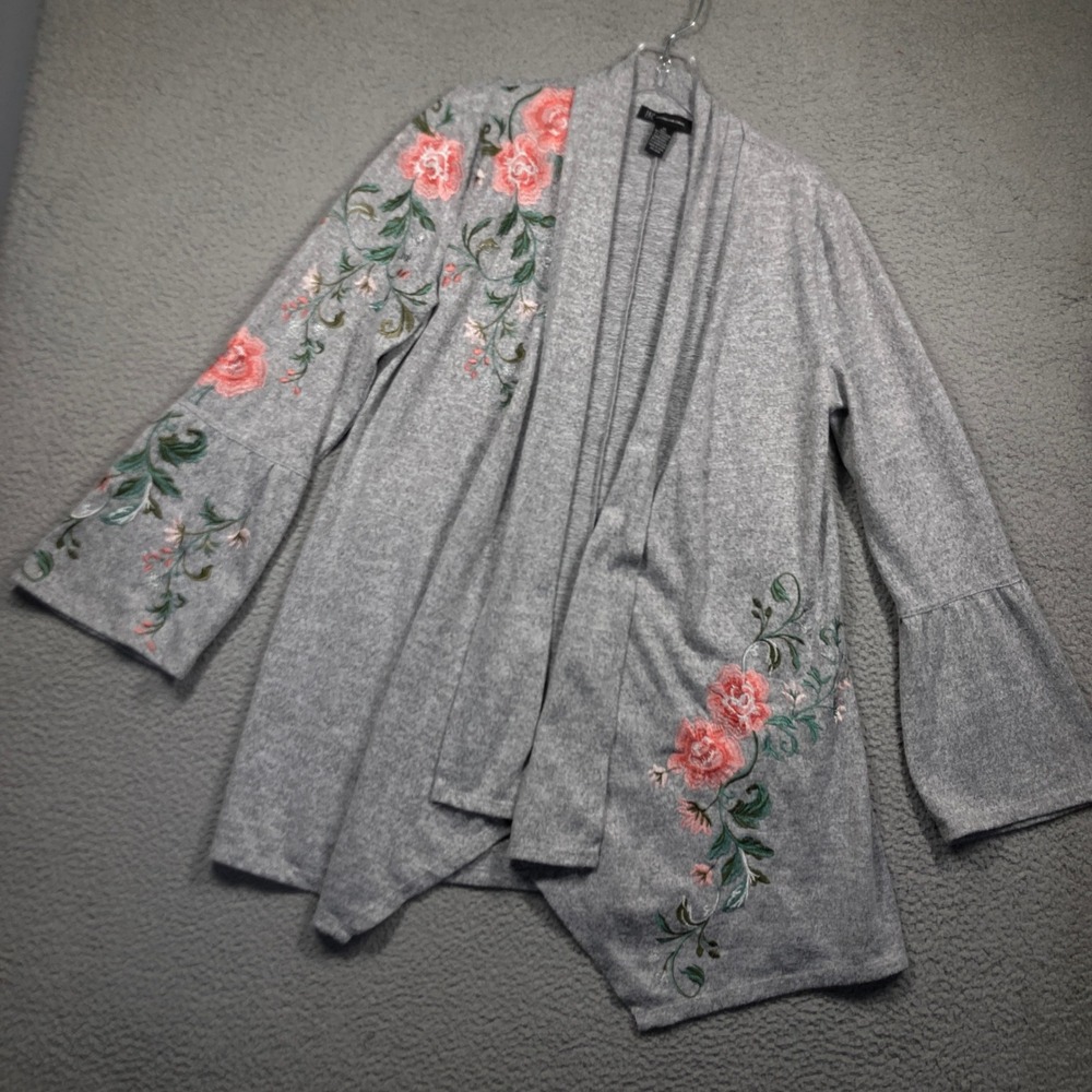 INC International Concepts Cardigan Womens M Gray Floral Embroidered Bell Sleeve